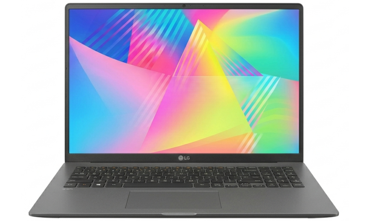 Front-facing view of a dark silver LG Gram 17Z90N 17-inch laptop featuring a vibrant, colorful abstract wallpaper against a clean, solid white background.