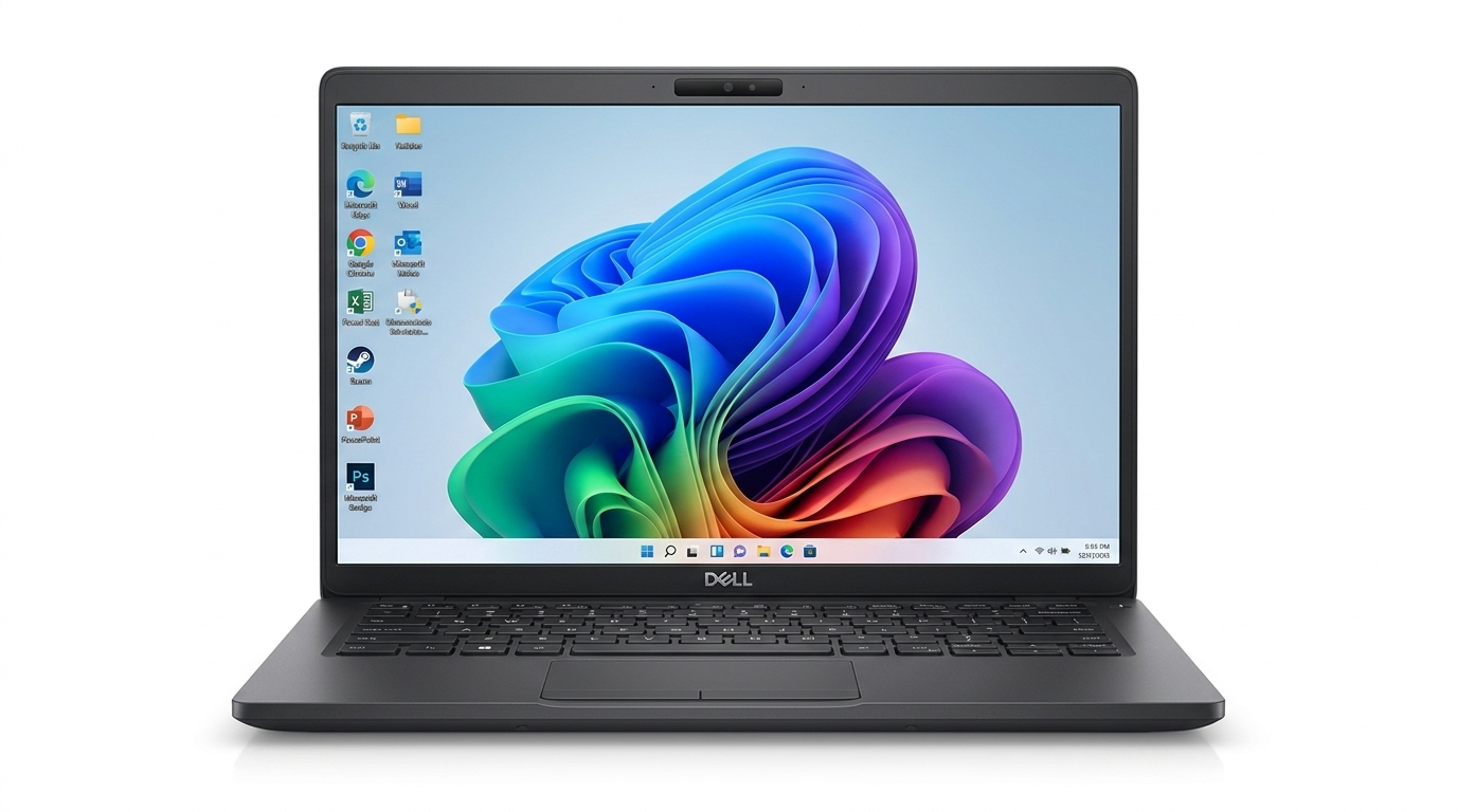 A forward-facing Dell Latitude 5400 business laptop with a vibrant, colorful abstract desktop wallpaper, isolated on a white background.