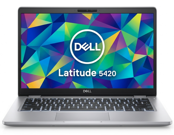 Dell Latitude 5420 silver laptop with colorful screen and logo on white background