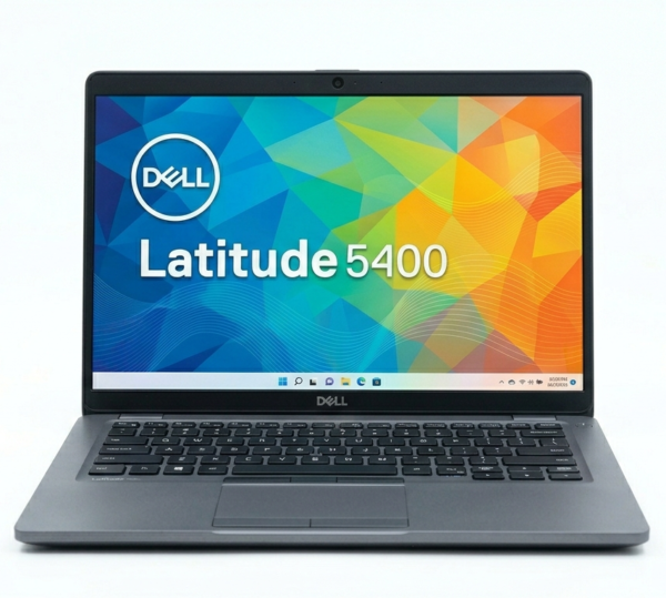 A front-facing, straight-on studio shot of an open Dell Latitude 5400 laptop isolated against a solid white background. The laptop is centered, showing the keyboard, touchpad, and a clear view of the screen. The screen displays a vibrant, geometric, and colorful abstract desktop wallpaper with a prominent circular Dell logo and the text "Latitude 5400" printed clearly across the center.