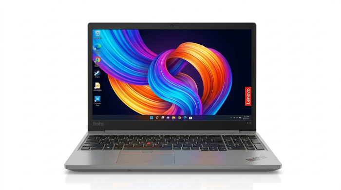 A forward-facing silver Lenovo ThinkPad E15 laptop with a vibrant, colorful abstract desktop wallpaper, isolated on a white background.